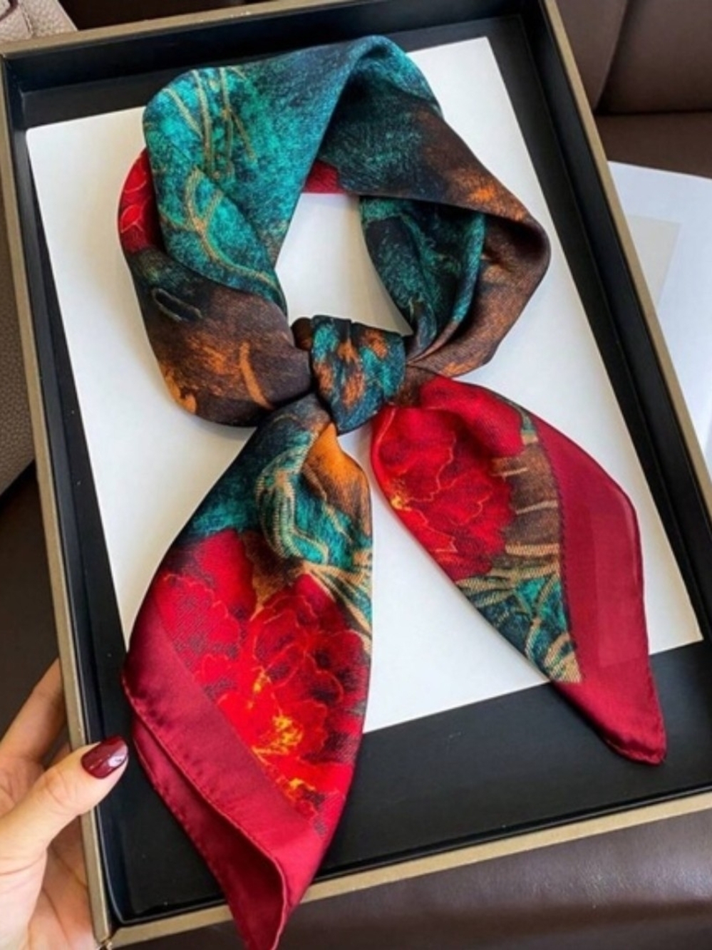 Silky Anthropologie Red Teal and Gold Floral Scarf